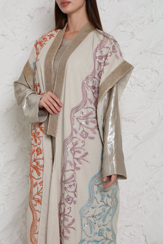 Beige Embroidered Linen Kaftan