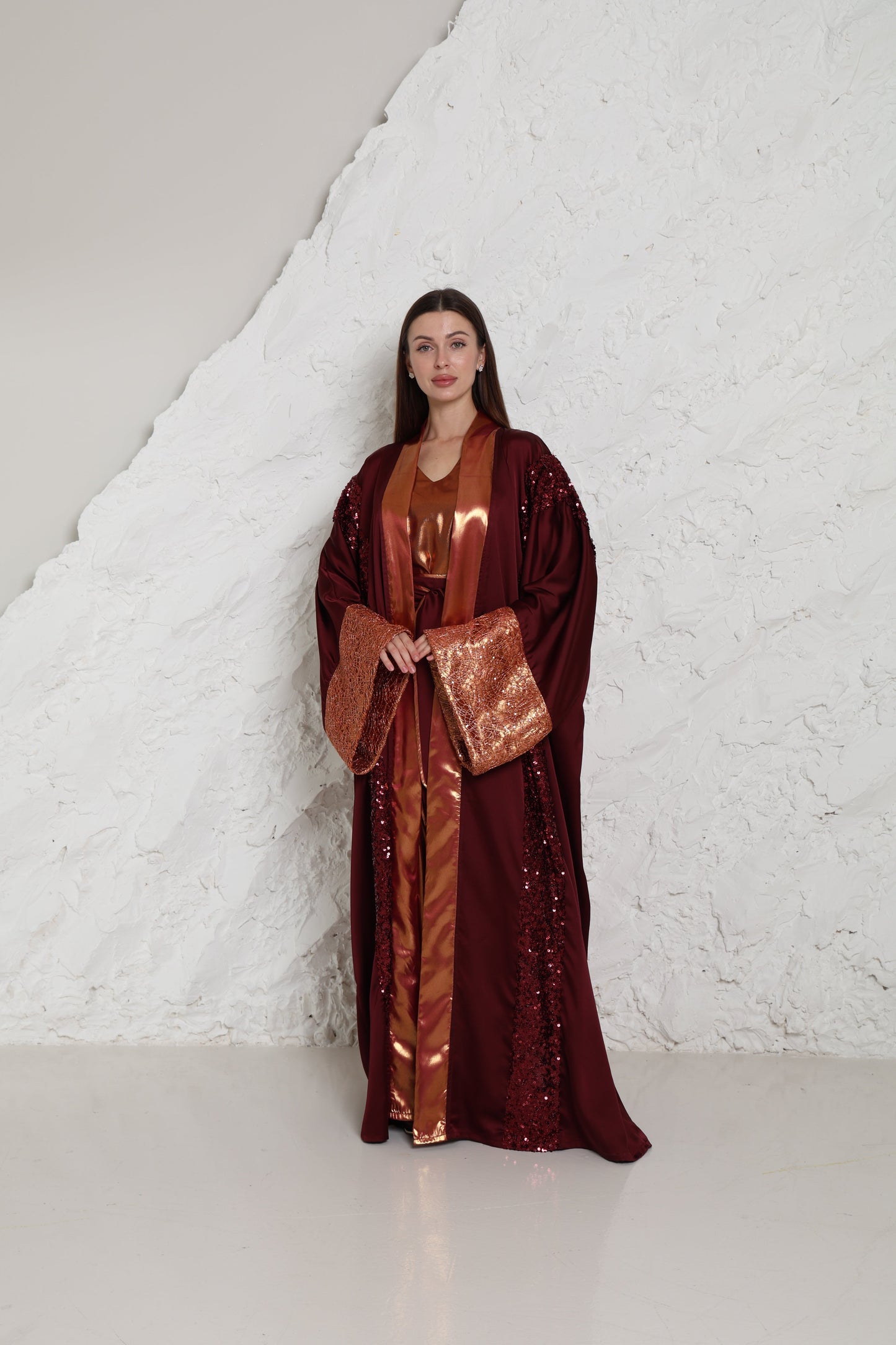 Burgundy Embroidered Crepe Satin Abaya