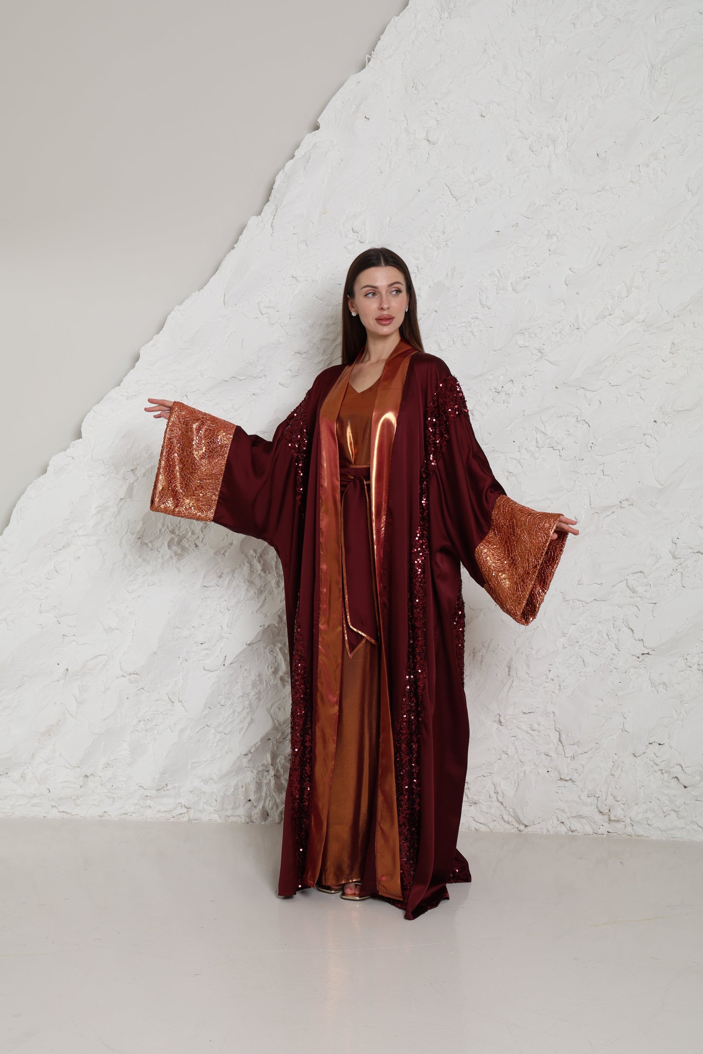 Burgundy Embroidered Crepe Satin Abaya