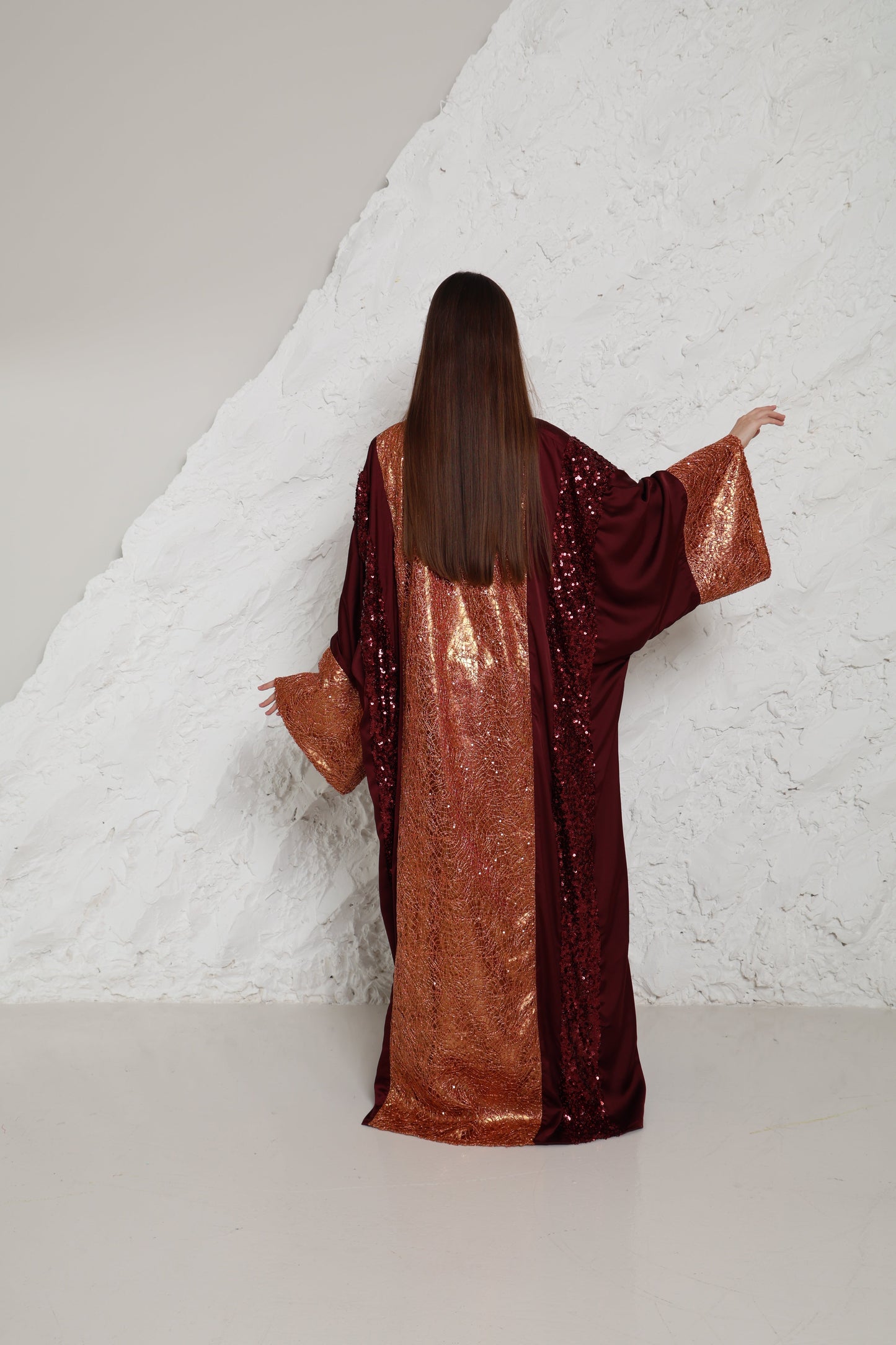 Burgundy Embroidered Crepe Satin Abaya