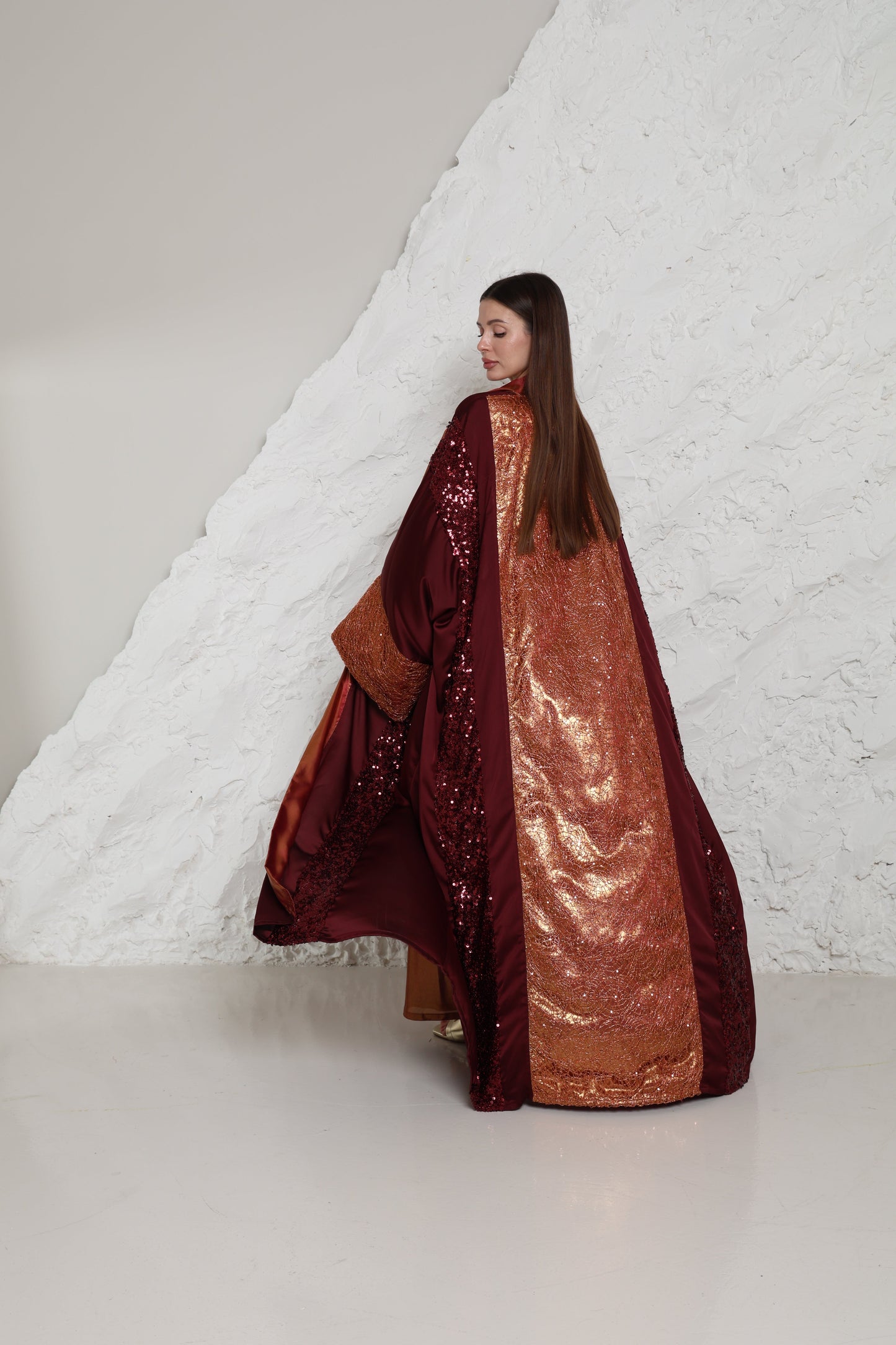 Burgundy Embroidered Crepe Satin Abaya