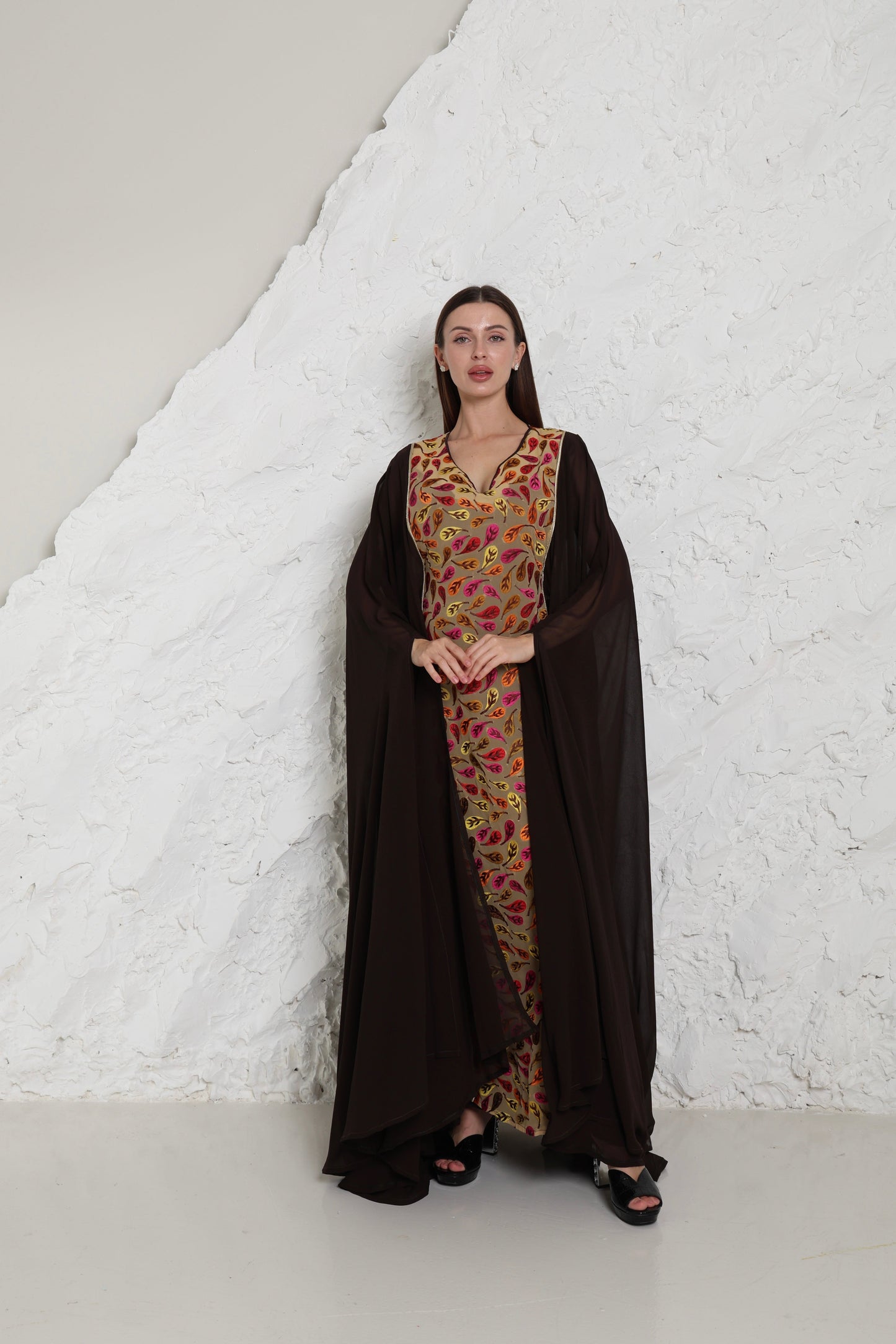 Brown Embroidered Georgette Kaftan