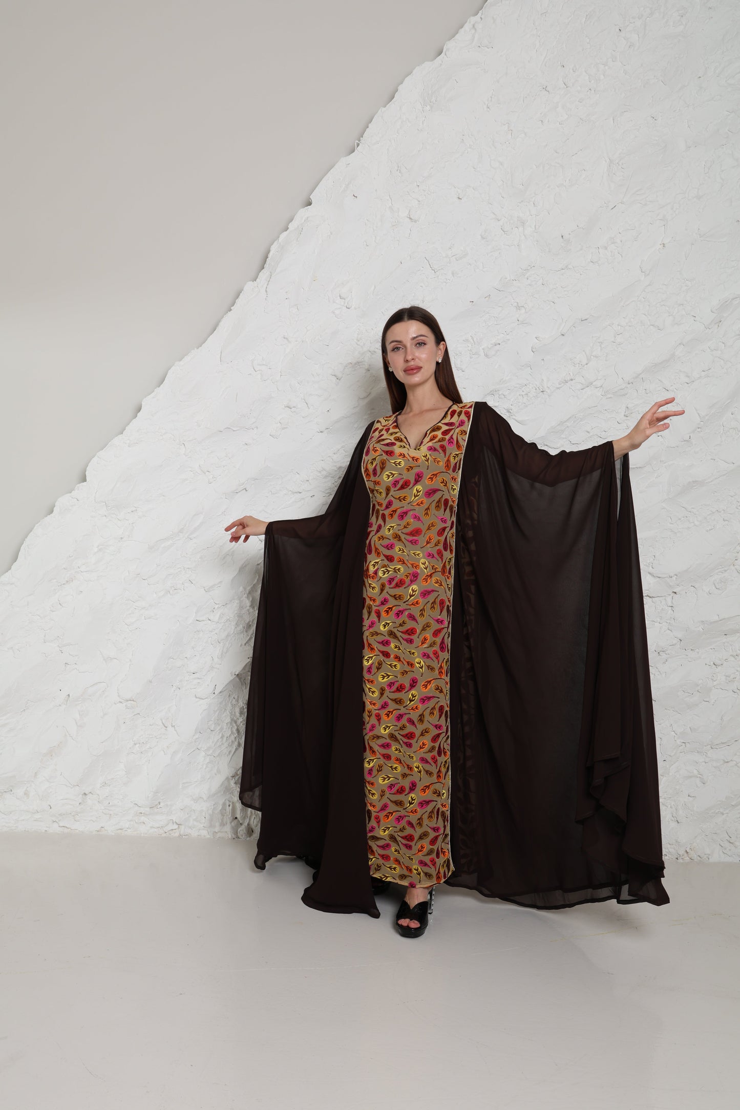 Brown Embroidered Georgette Kaftan