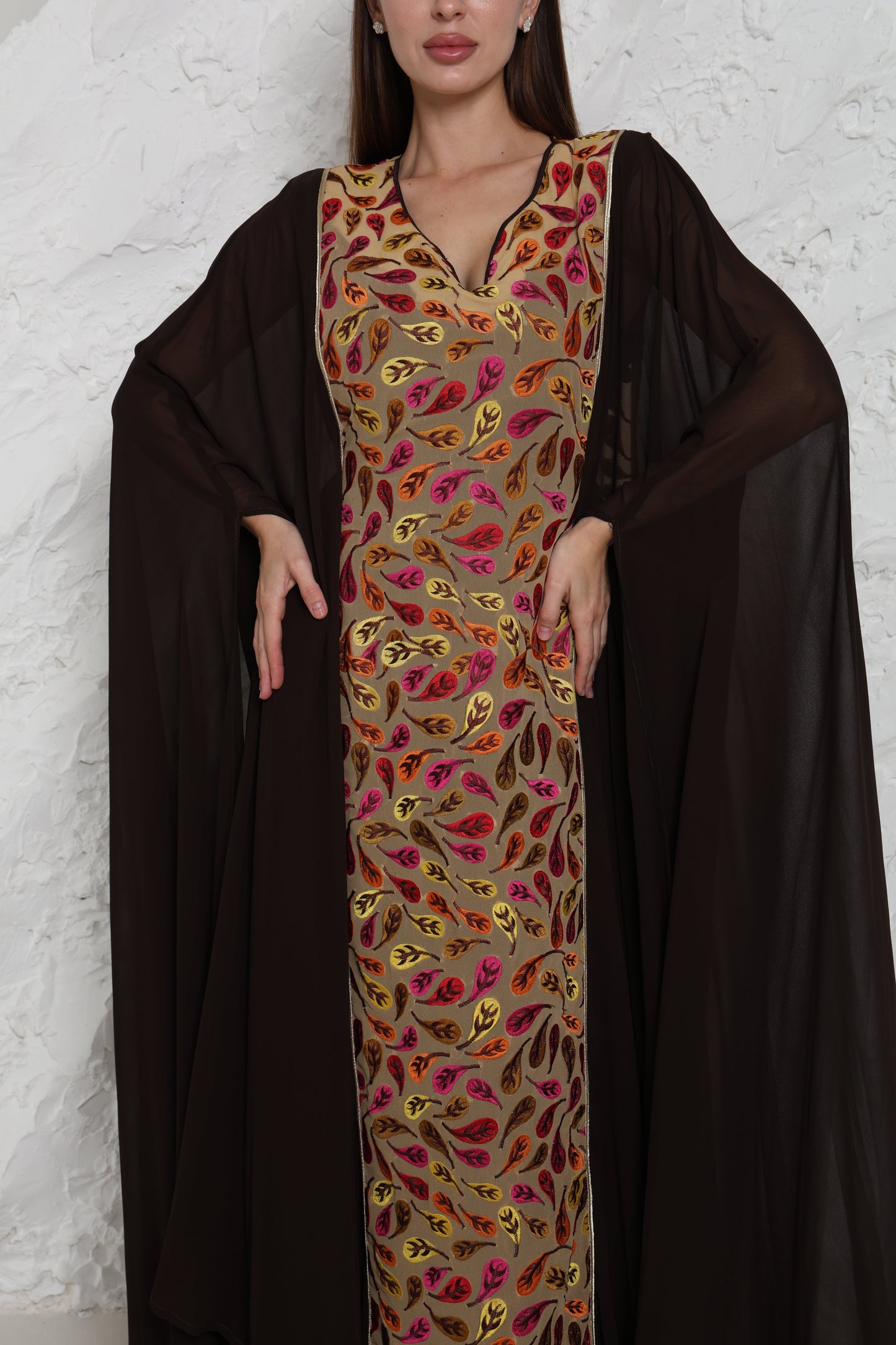 Brown Embroidered Georgette Kaftan