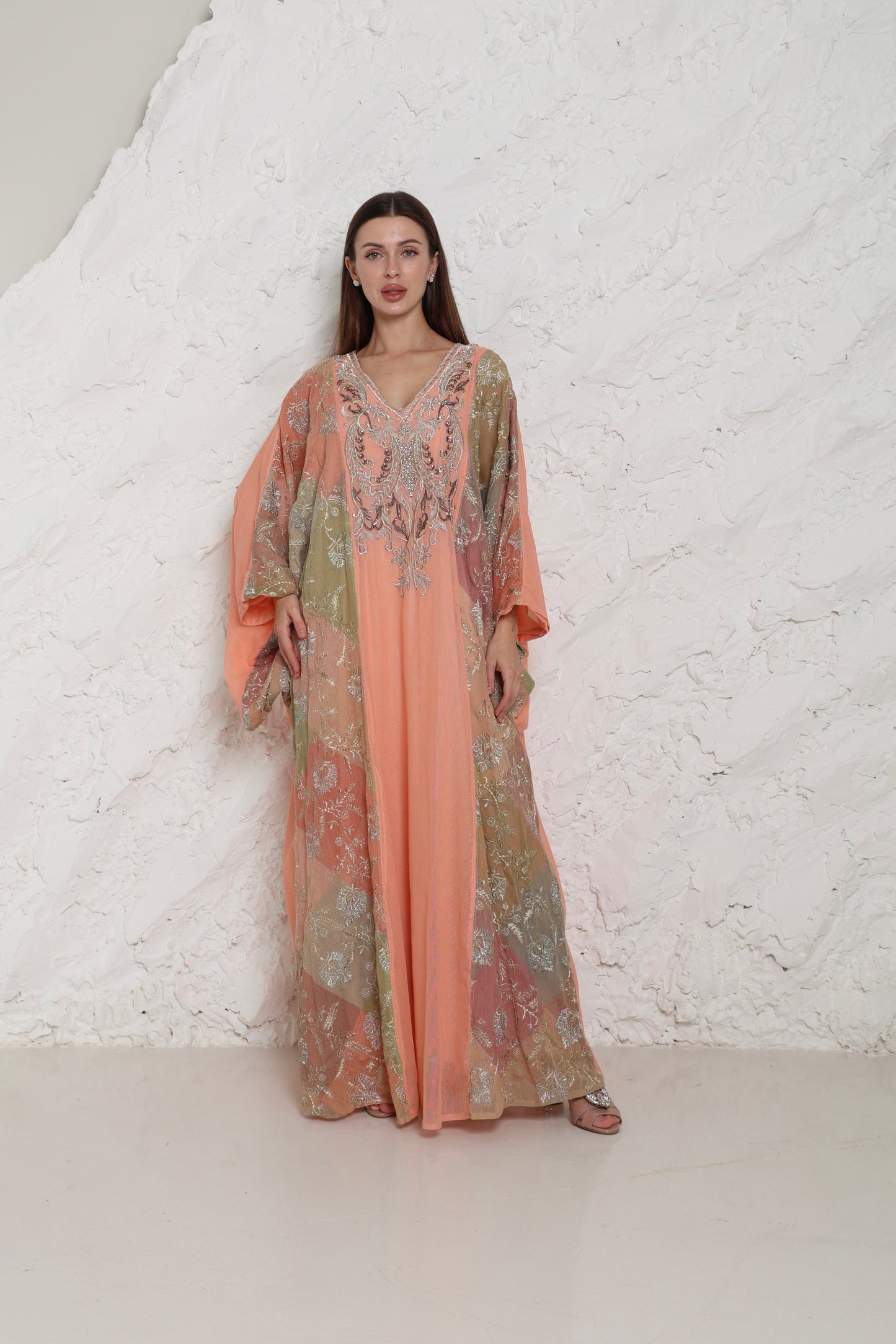 Peach Embroidered Cotton Kaftan