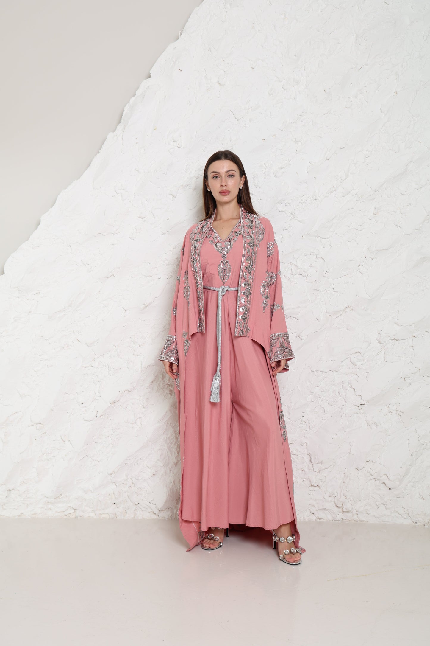 Pink Embroidered Linen Abaya