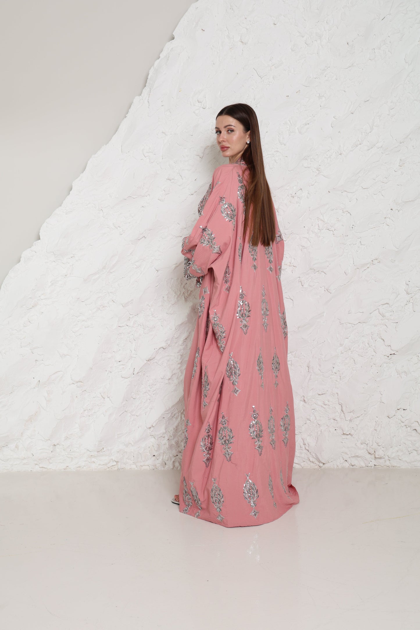 Pink Embroidered Linen Abaya