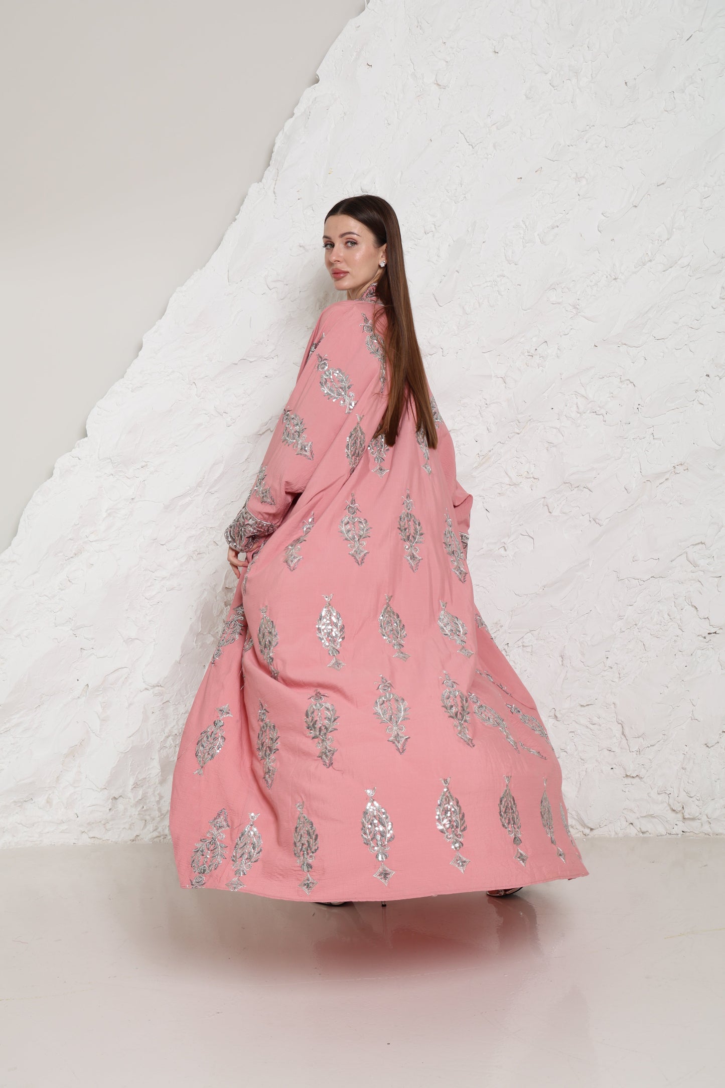 Pink Embroidered Linen Abaya