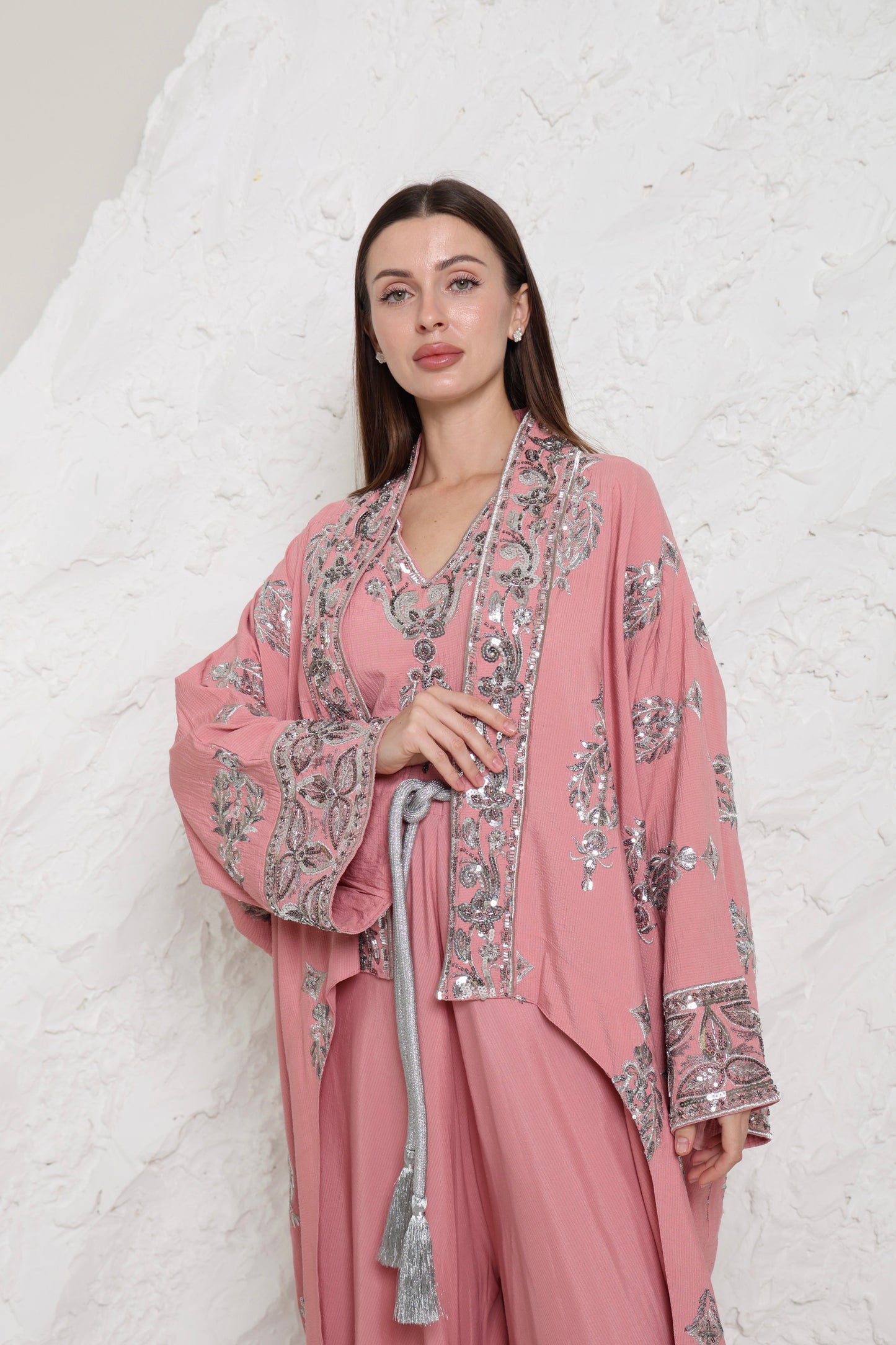 Pink Embroidered Linen Abaya