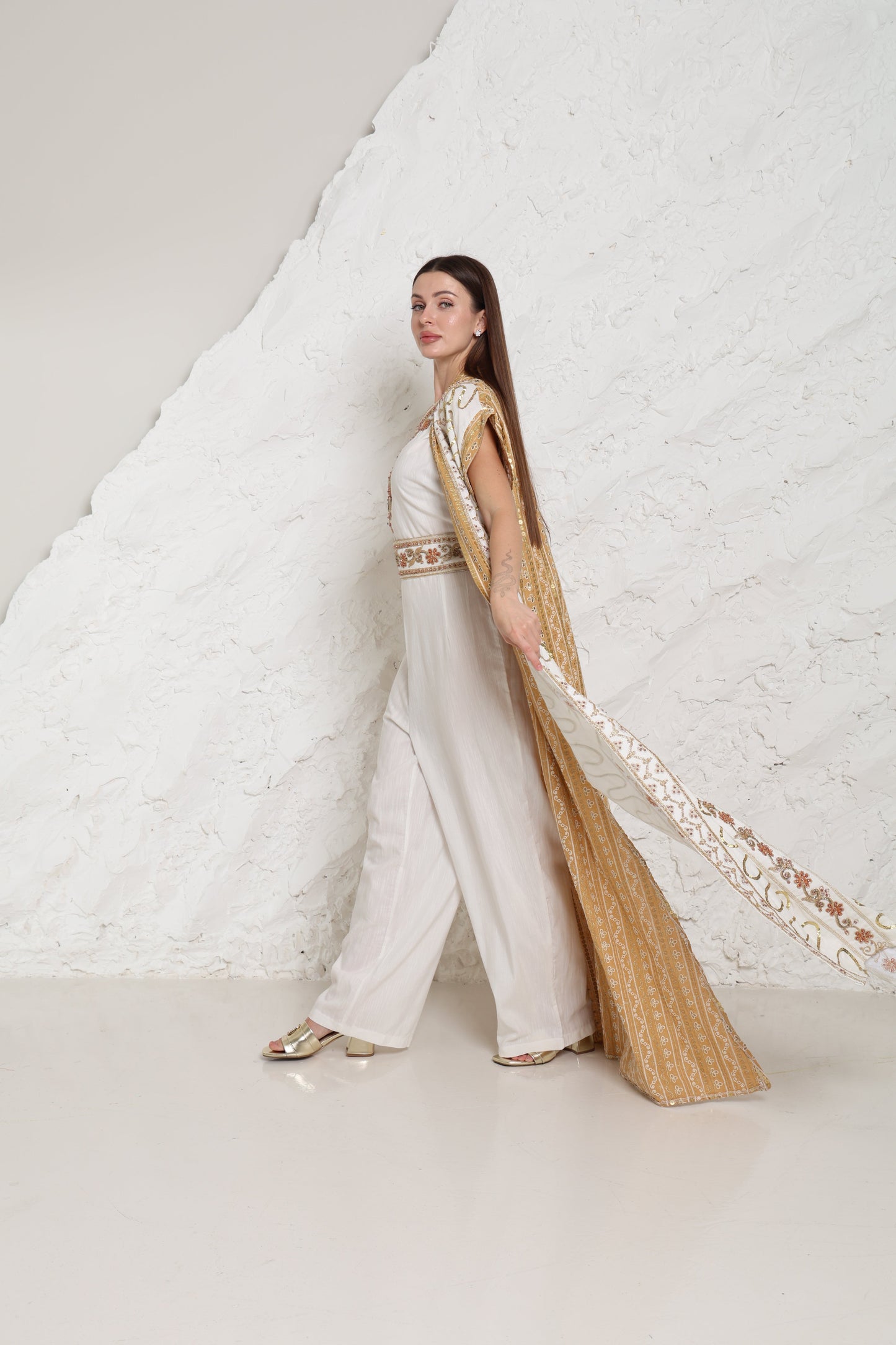 Off White Embroidered Linen Abaya