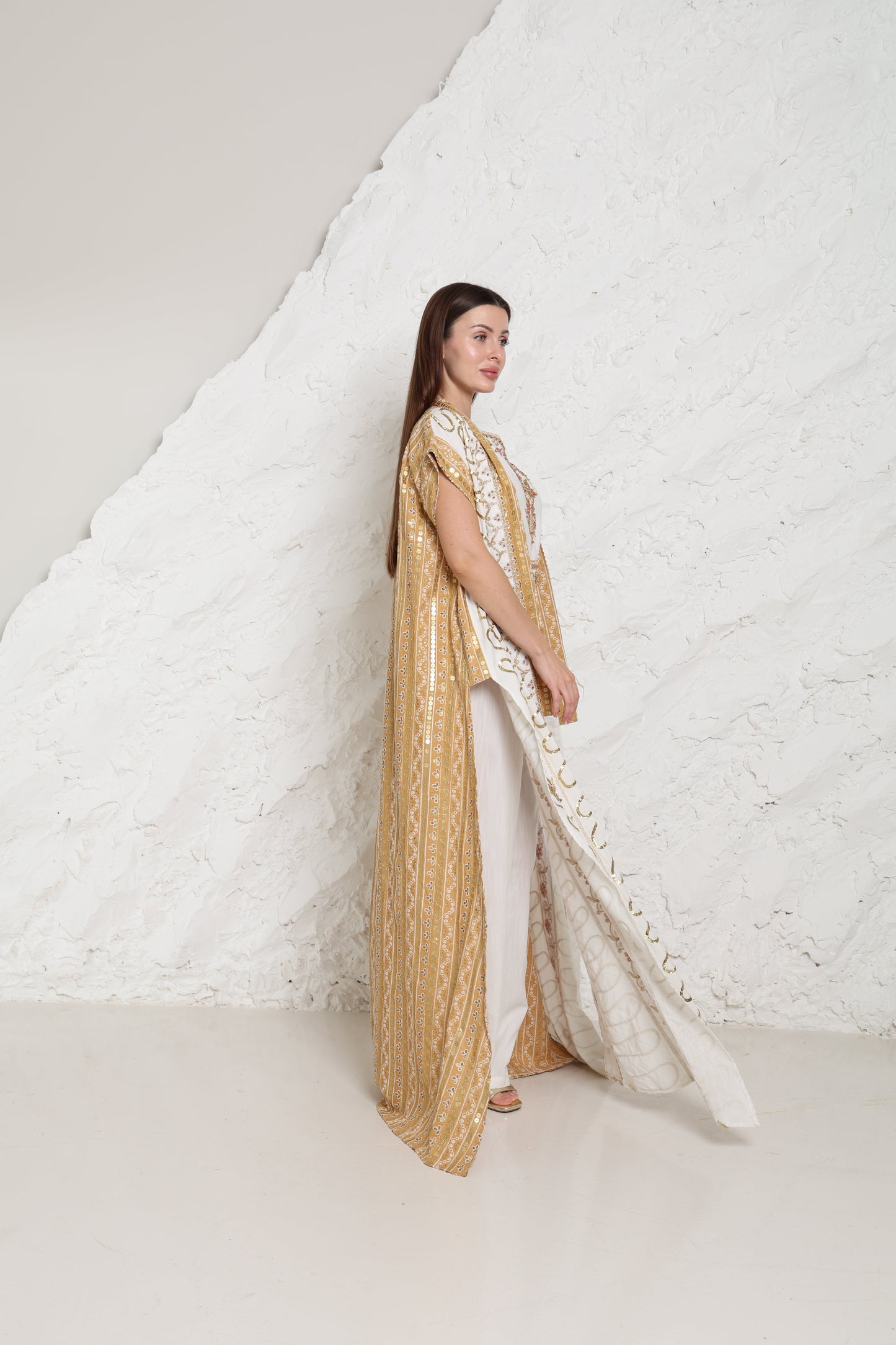 Off White Embroidered Linen Abaya