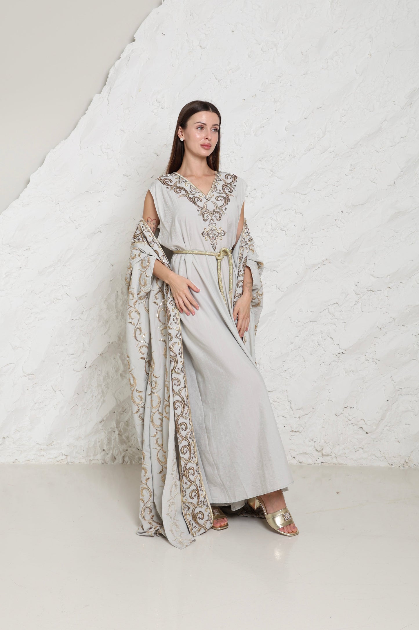 Grey Embroidered Linen Abaya