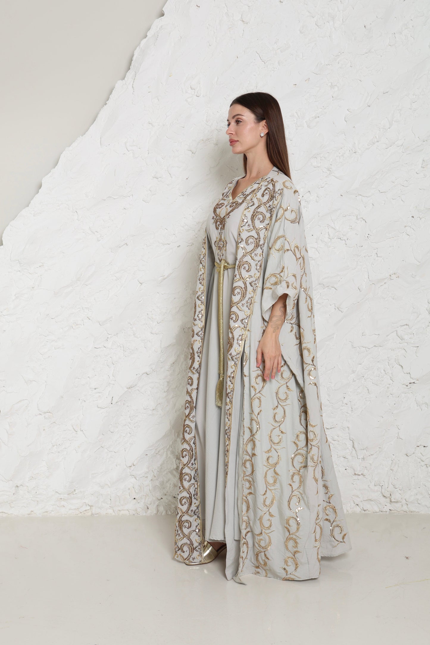 Grey Embroidered Linen Abaya