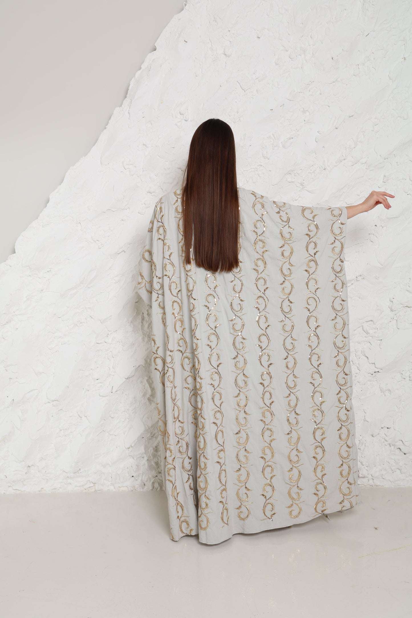 Grey Embroidered Linen Abaya