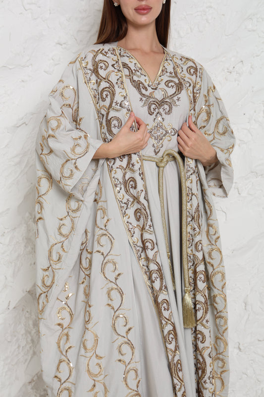 Grey Embroidered Linen Abaya