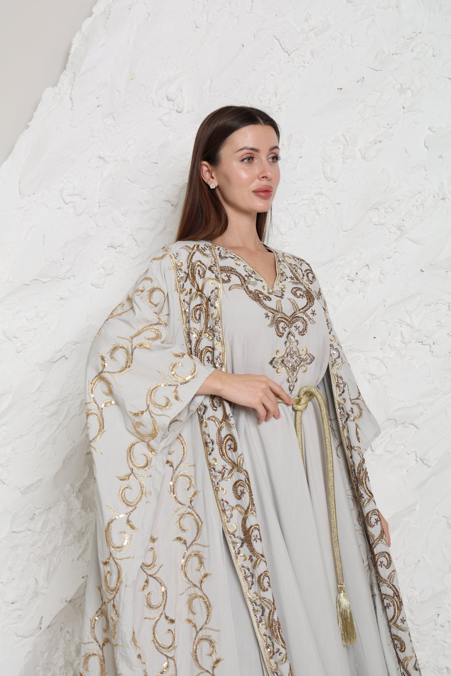 Grey Embroidered Linen Abaya