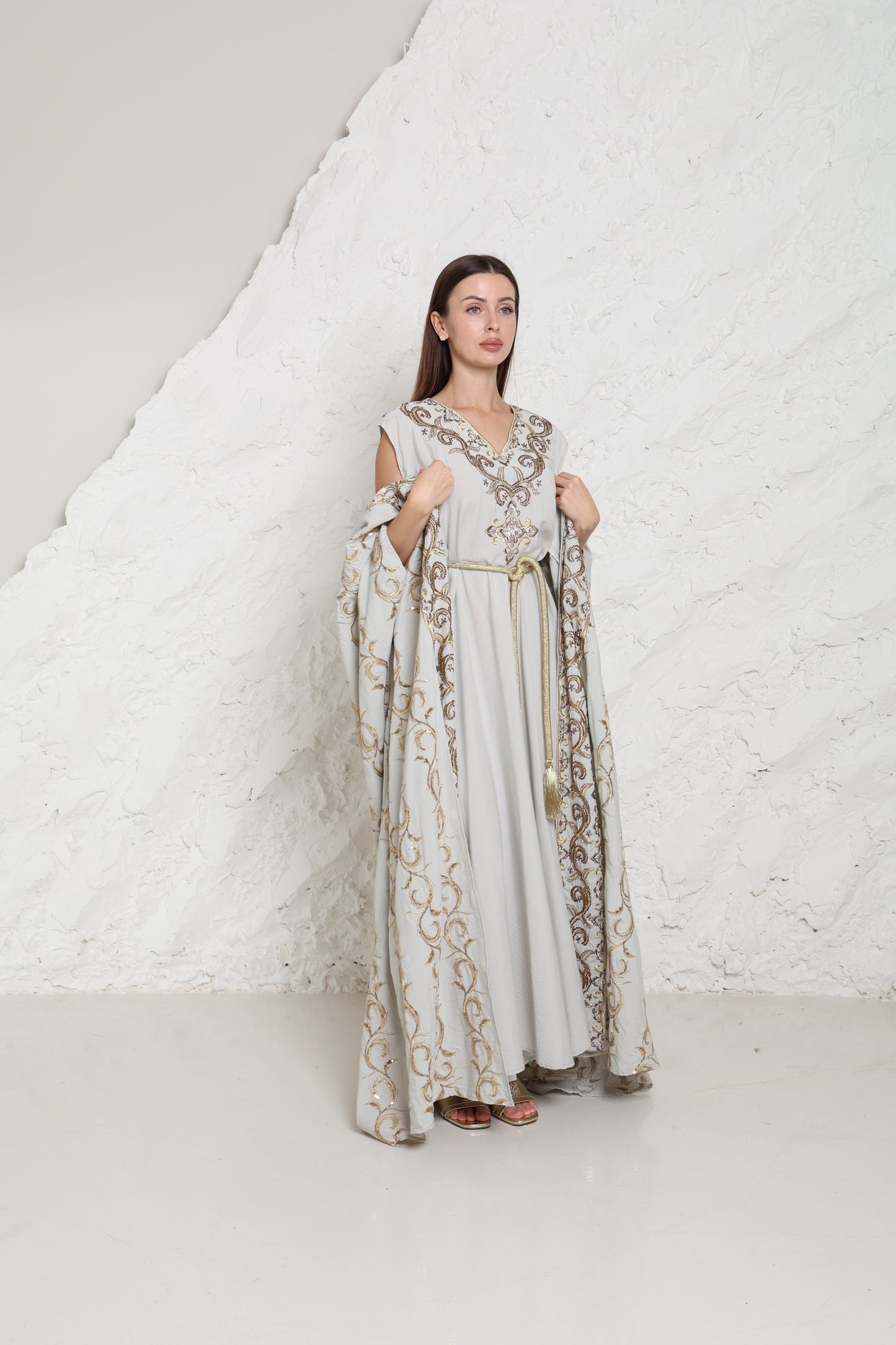 Grey Embroidered Linen Abaya