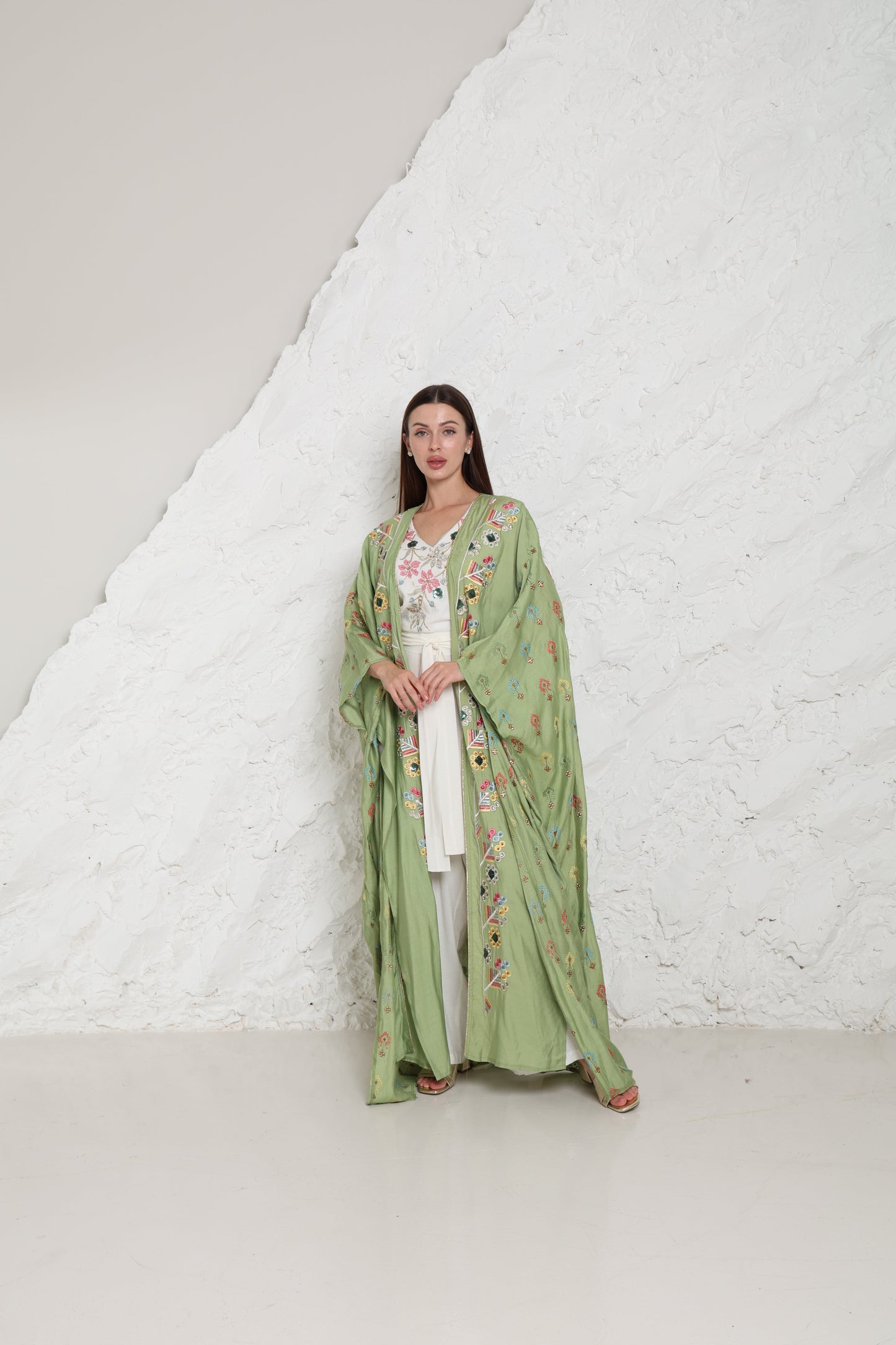 Light Green Embroidered Linen Abaya