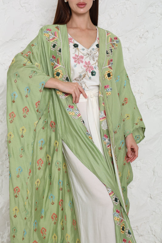 Light Green Embroidered Linen Abaya