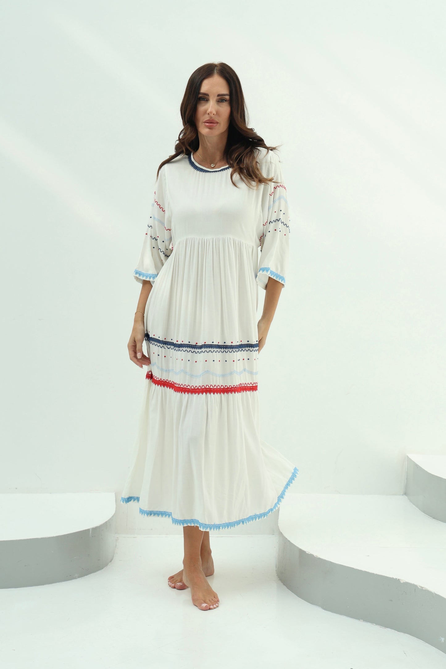 Crepe-Cotton White Crepe-Cotton Dress – White Design featuring white crepe cotton dress embellished with multi-colors crochet