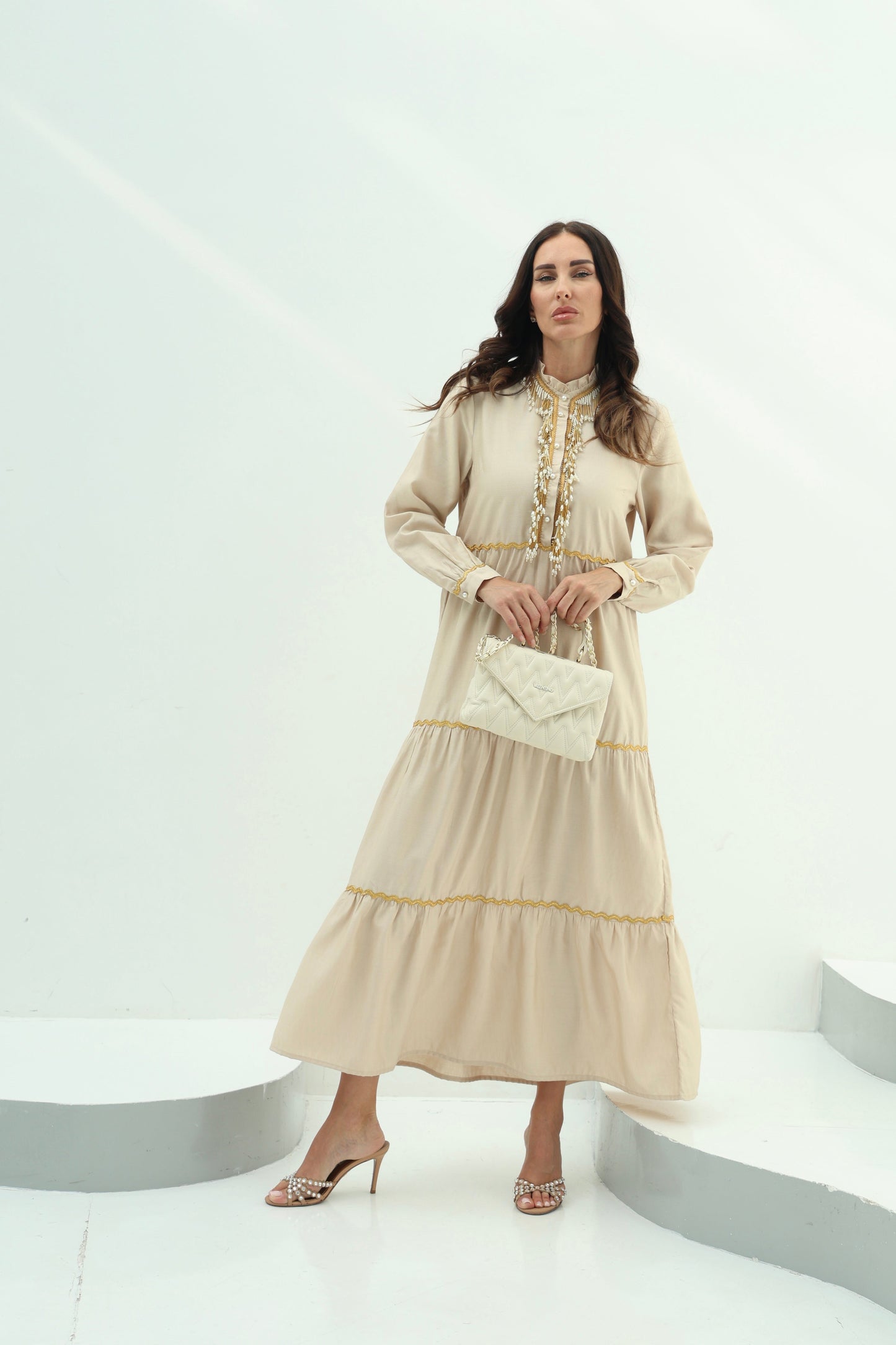 Blended Linen Biege Linen-Blend Embroidered Dress – Biege Design featuring biege multi-layered a-line dress featuring a ruffl