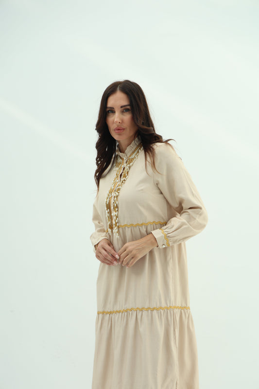 Biege embroidered linen dress design
