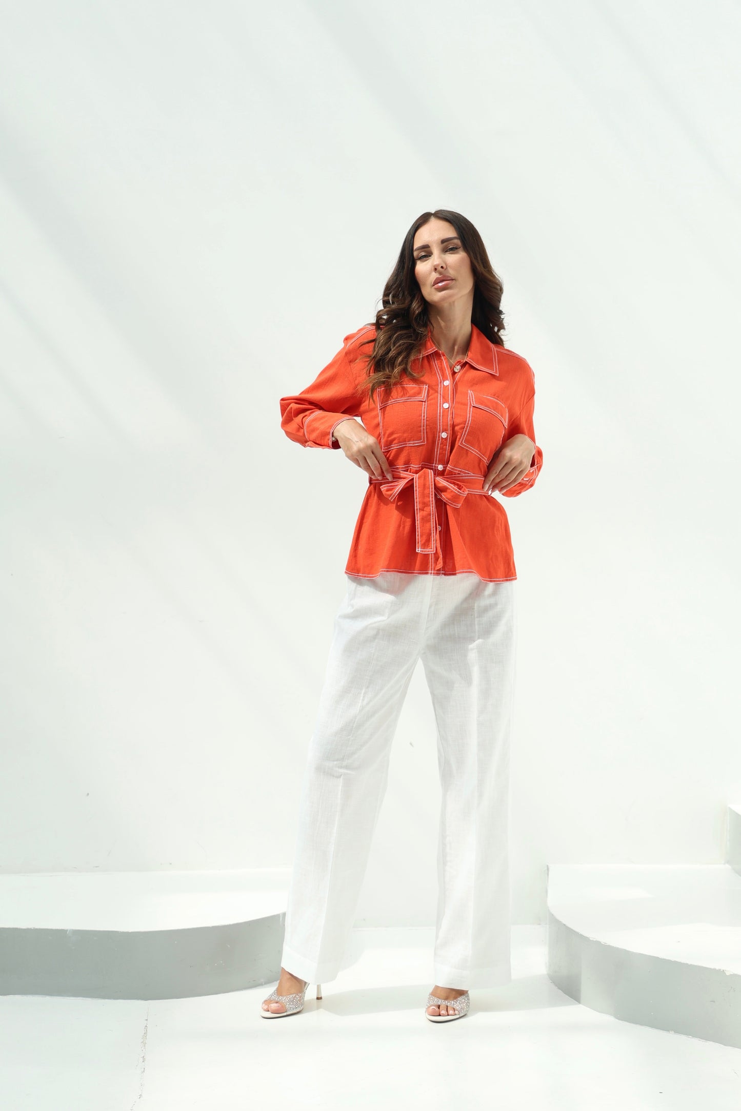 Linen Orange Linen Shirt-Pants Set – Orange Design featuring orange linen shirt with pants set,featuring a fitted waist cut w