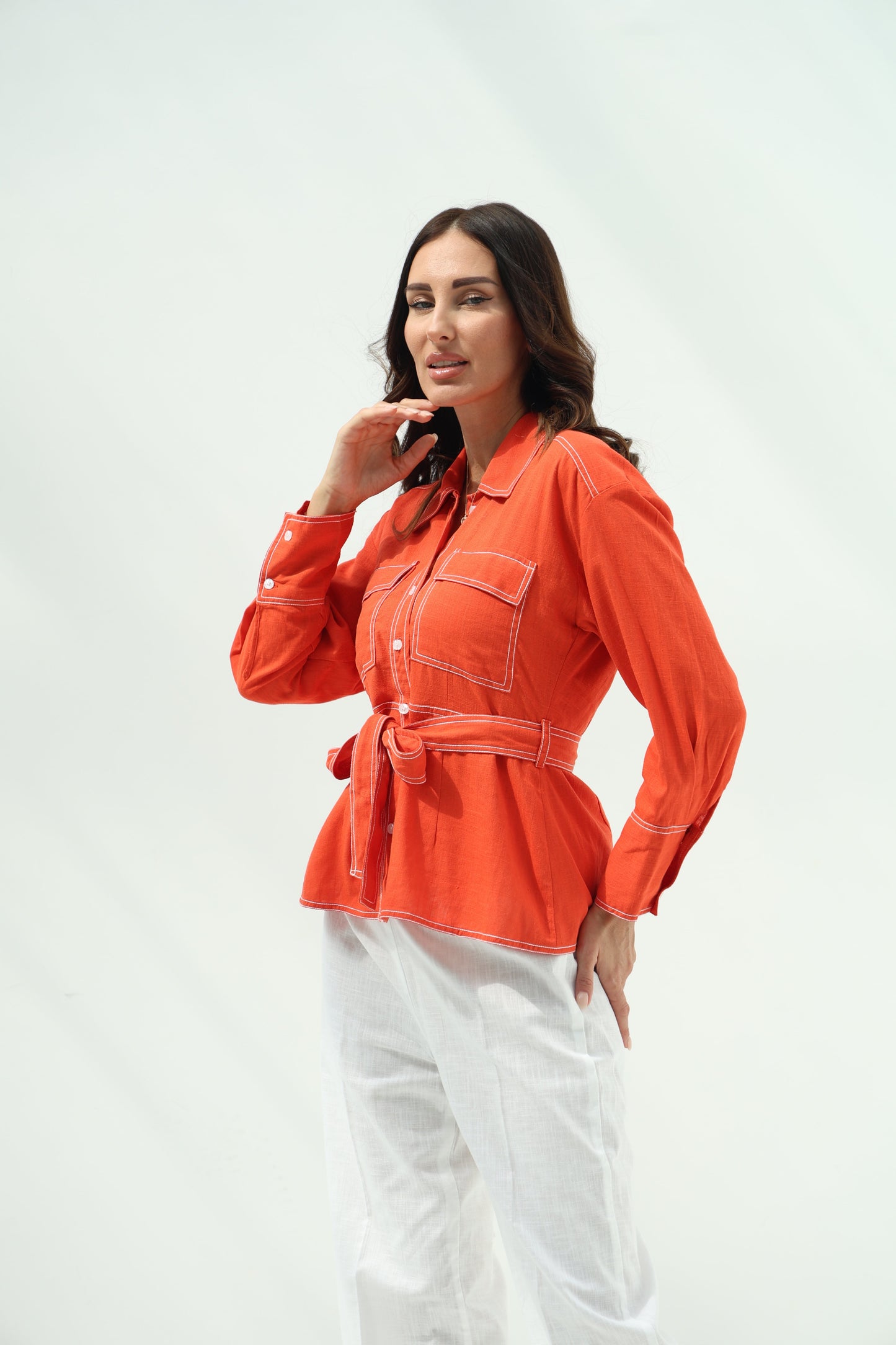 Orange Belted Linen Casual Wear