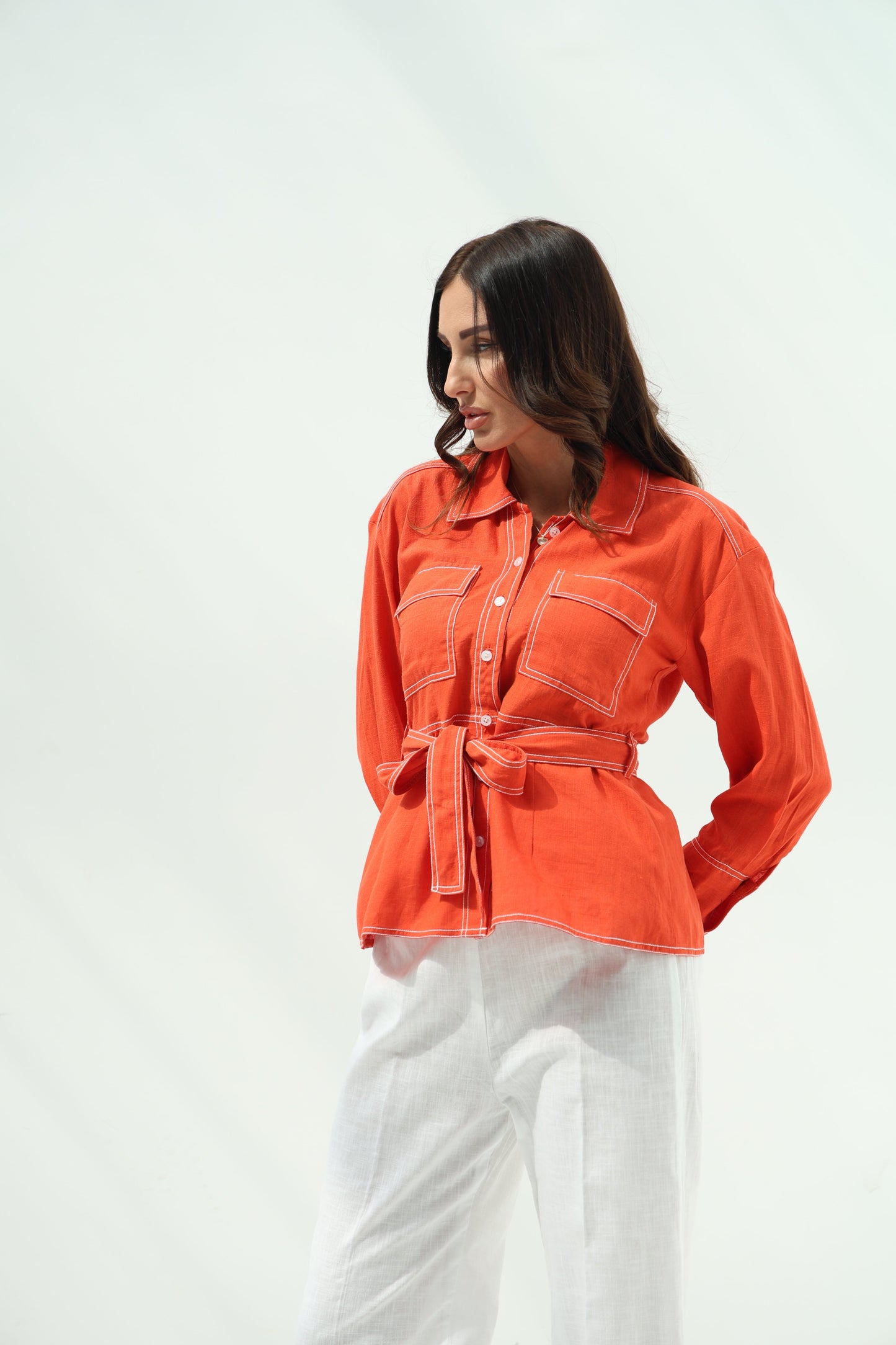 Orange Belted Linen Casual Wear
