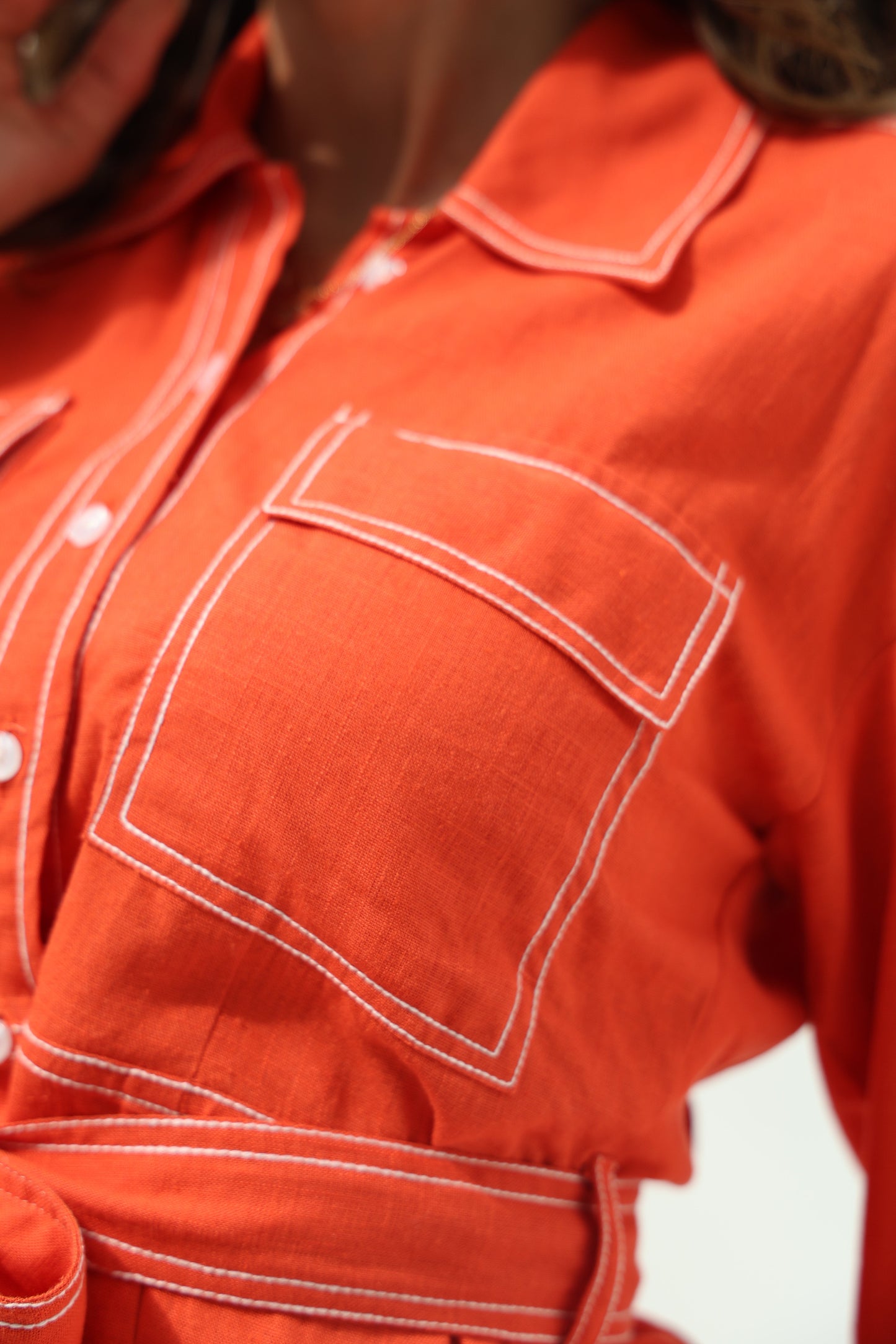 Orange Belted Linen Casual Wear