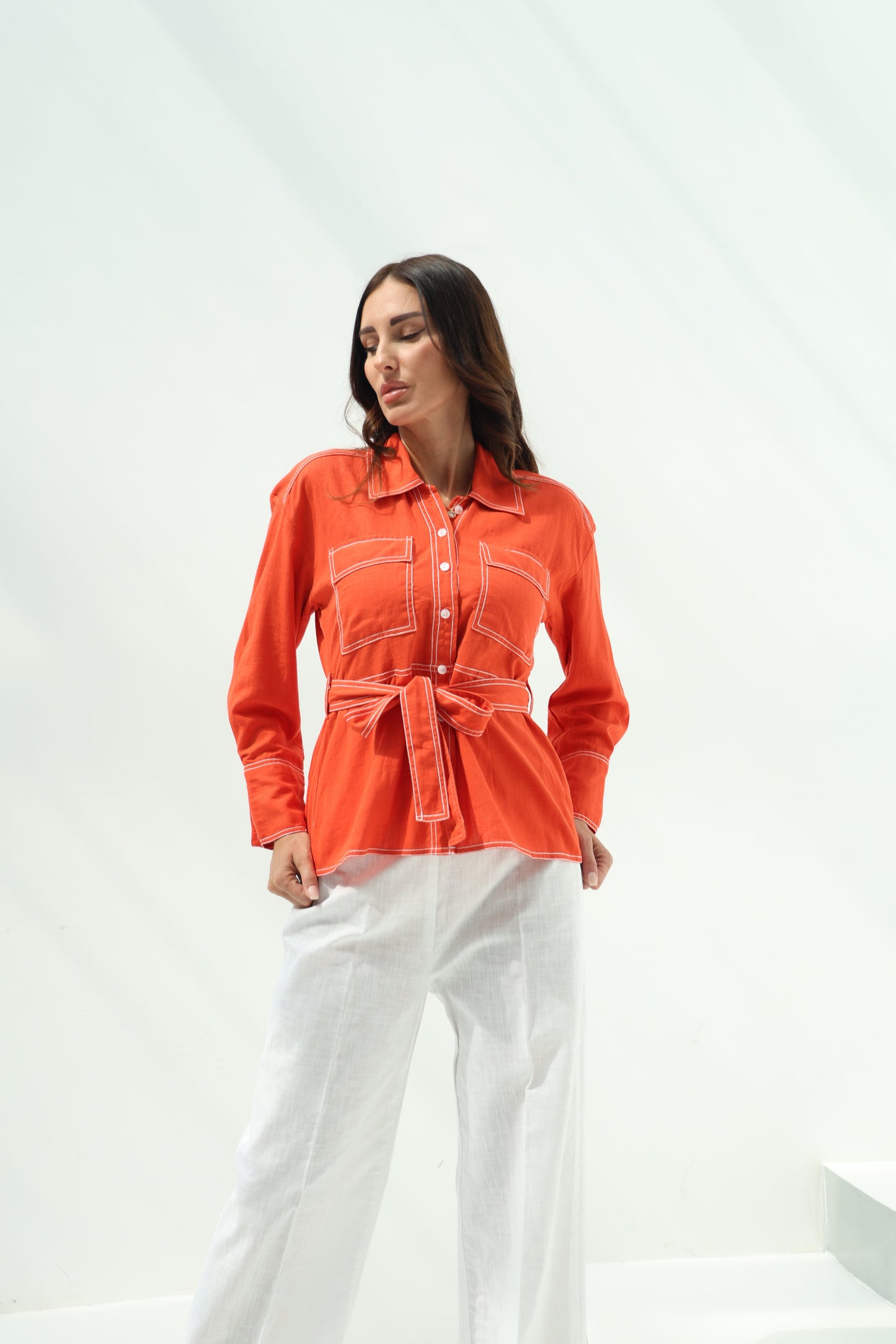 Orange Belted Linen Casual Wear