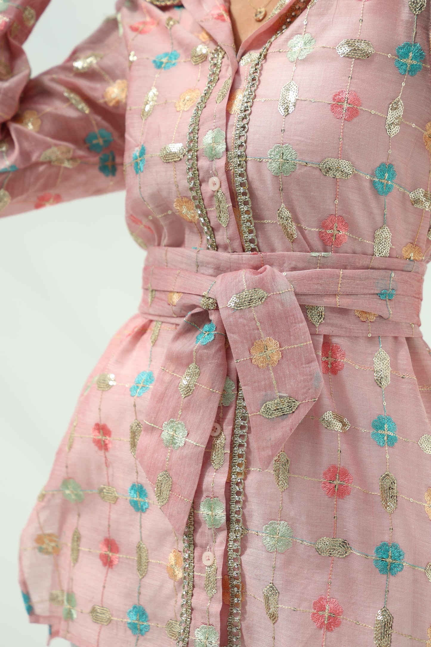 Organza Linen Pink Organza Linen Floral Embroidery – Pink Design featuring pink organza linen shirt with pants set,featuring 