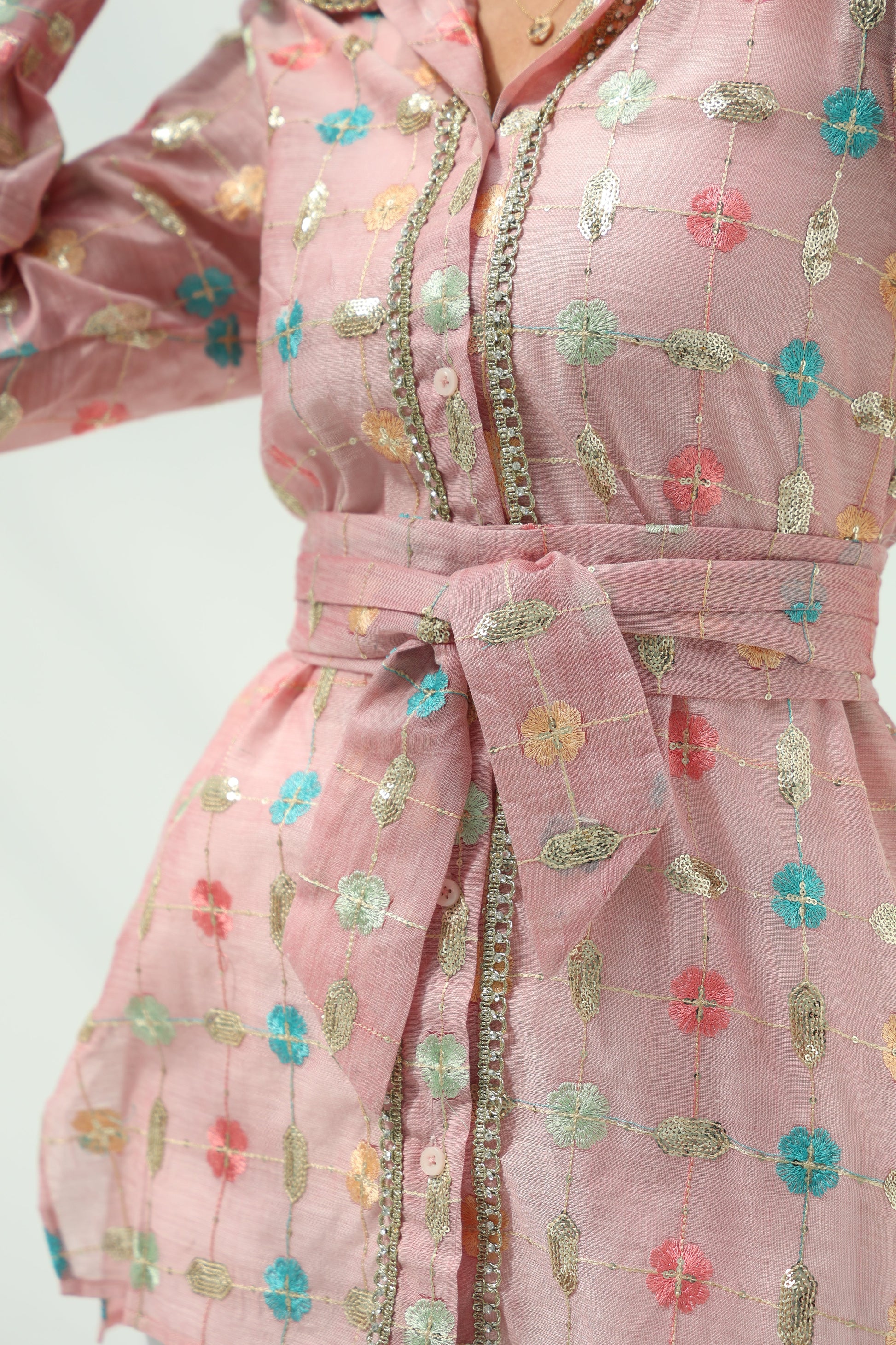 Organza Linen Pink Organza Linen Floral Embroidery – Pink Design featuring pink organza linen shirt with pants set,featuring 