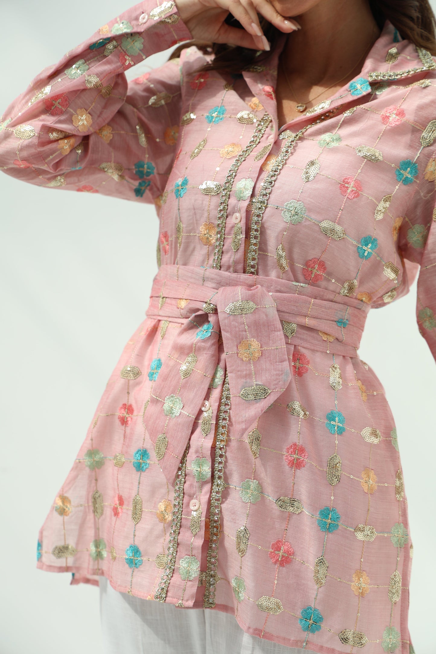 Pink Belted Linen Casual Wear