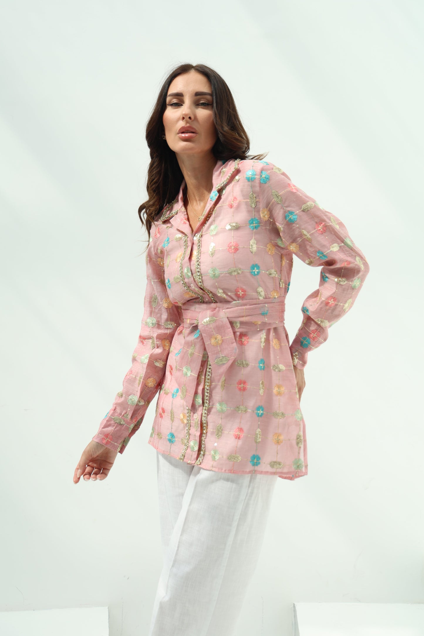 Pink Belted Linen Casual Wear