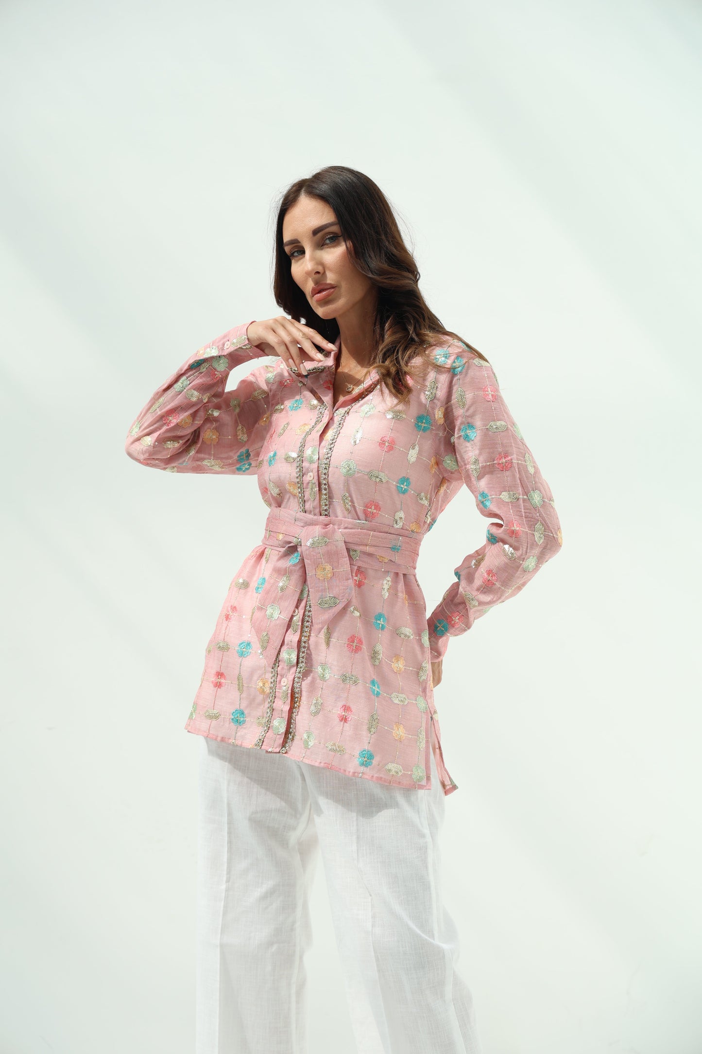 Pink Belted Linen Casual Wear