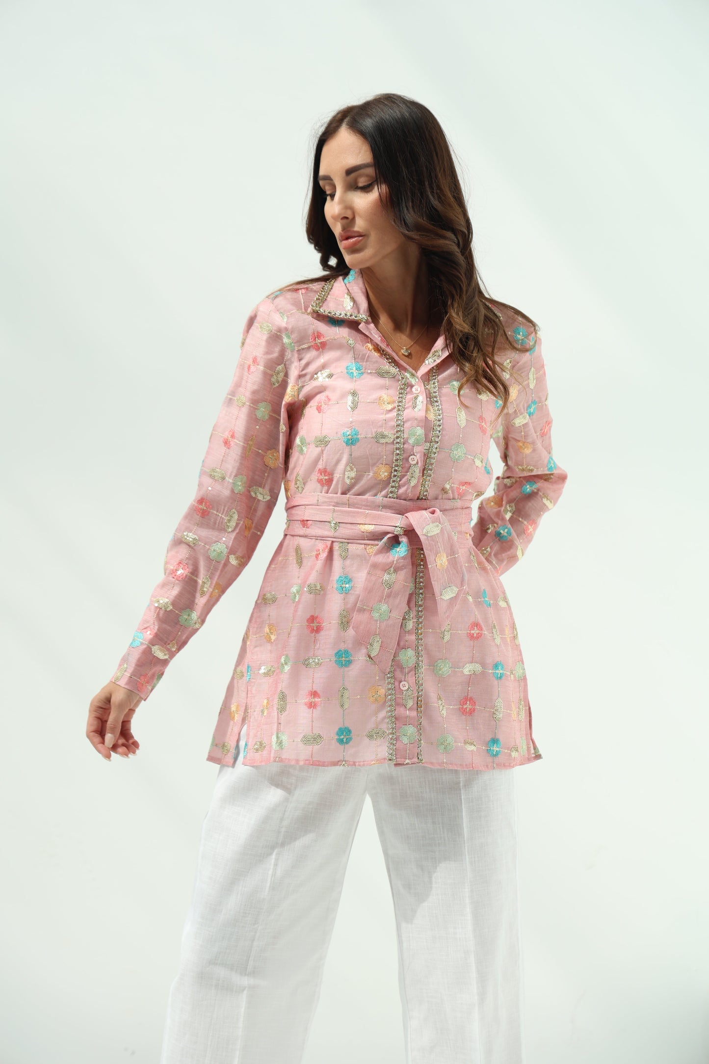 Pink Belted Linen Casual Wear