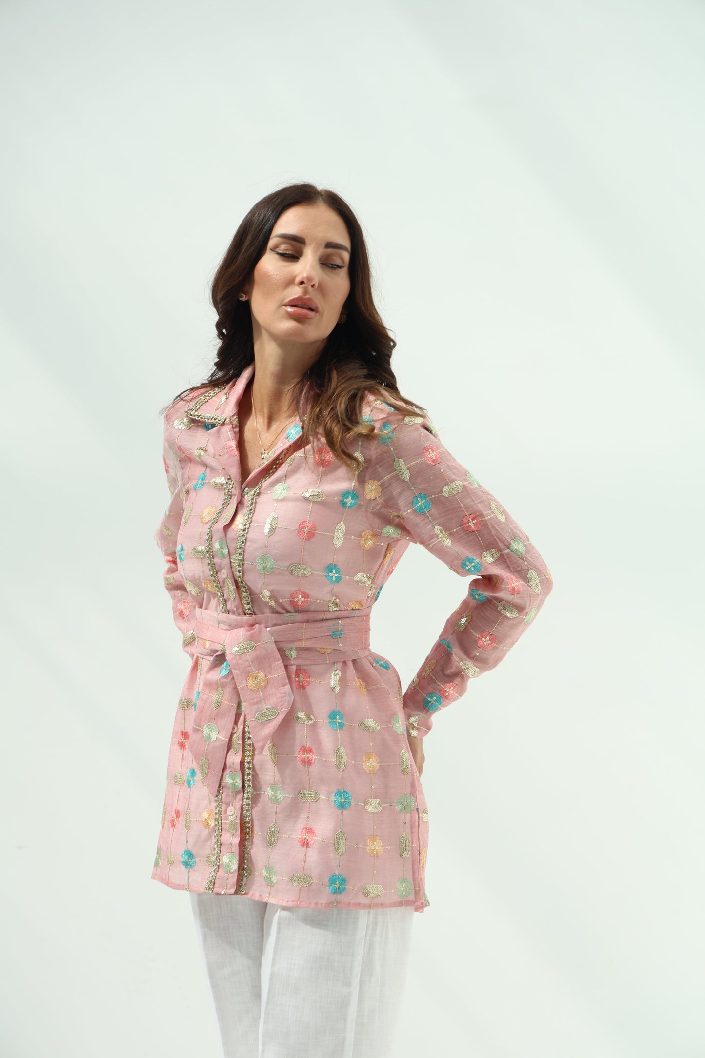 Pink Belted Linen Casual Wear