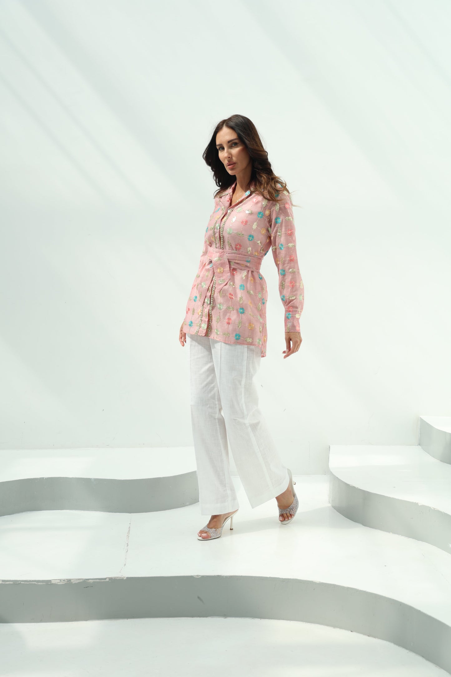 Pink Belted Linen Casual Wear