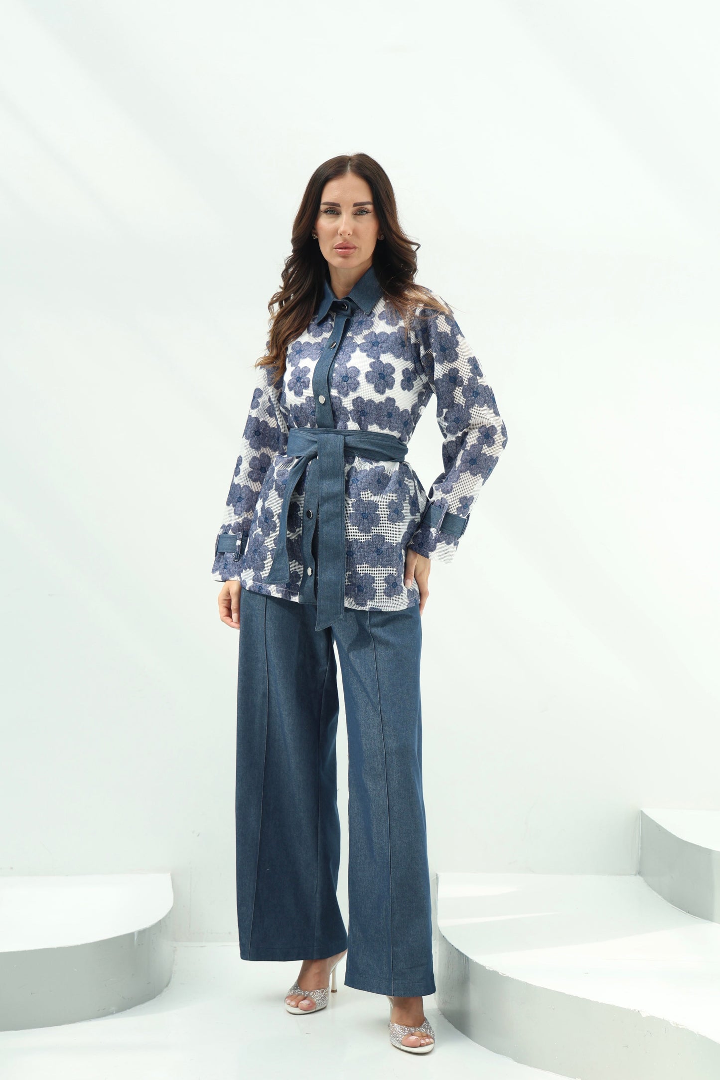 Elegant White Net Shirt & Cotton Pants Set