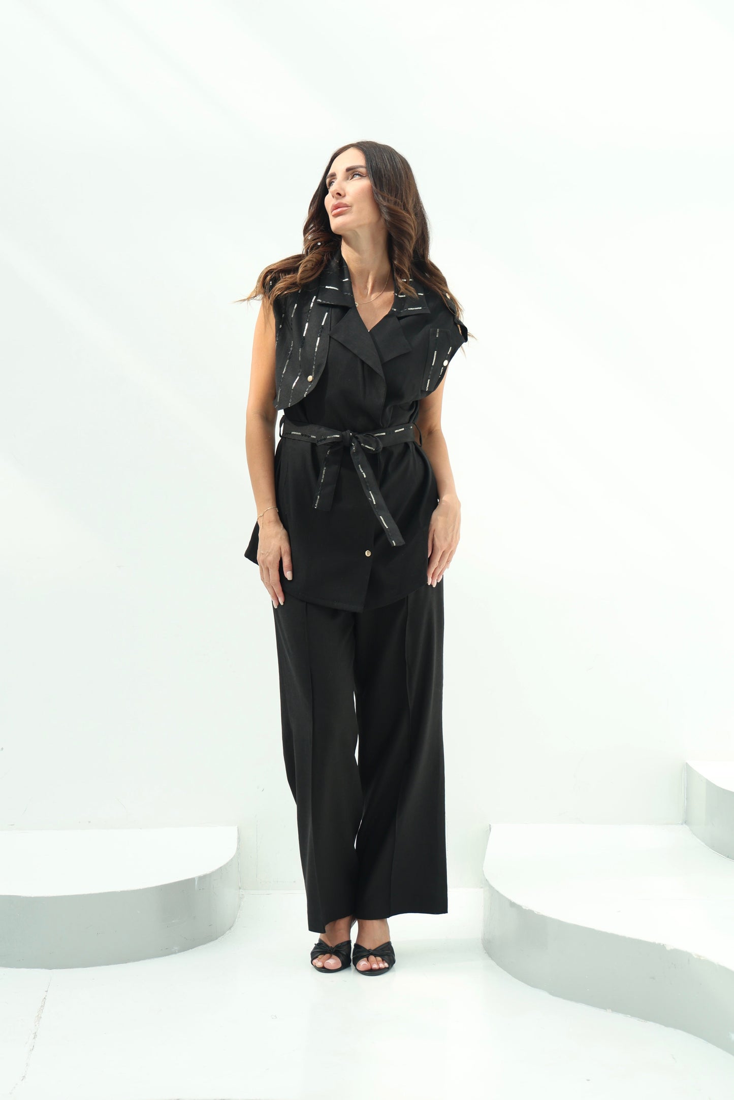 Black Belted Linen Casual Wear