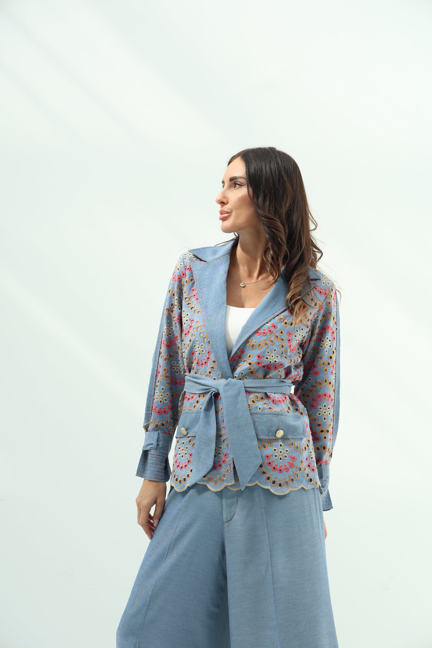 Light Blue Belted Light Denim Casual Wear