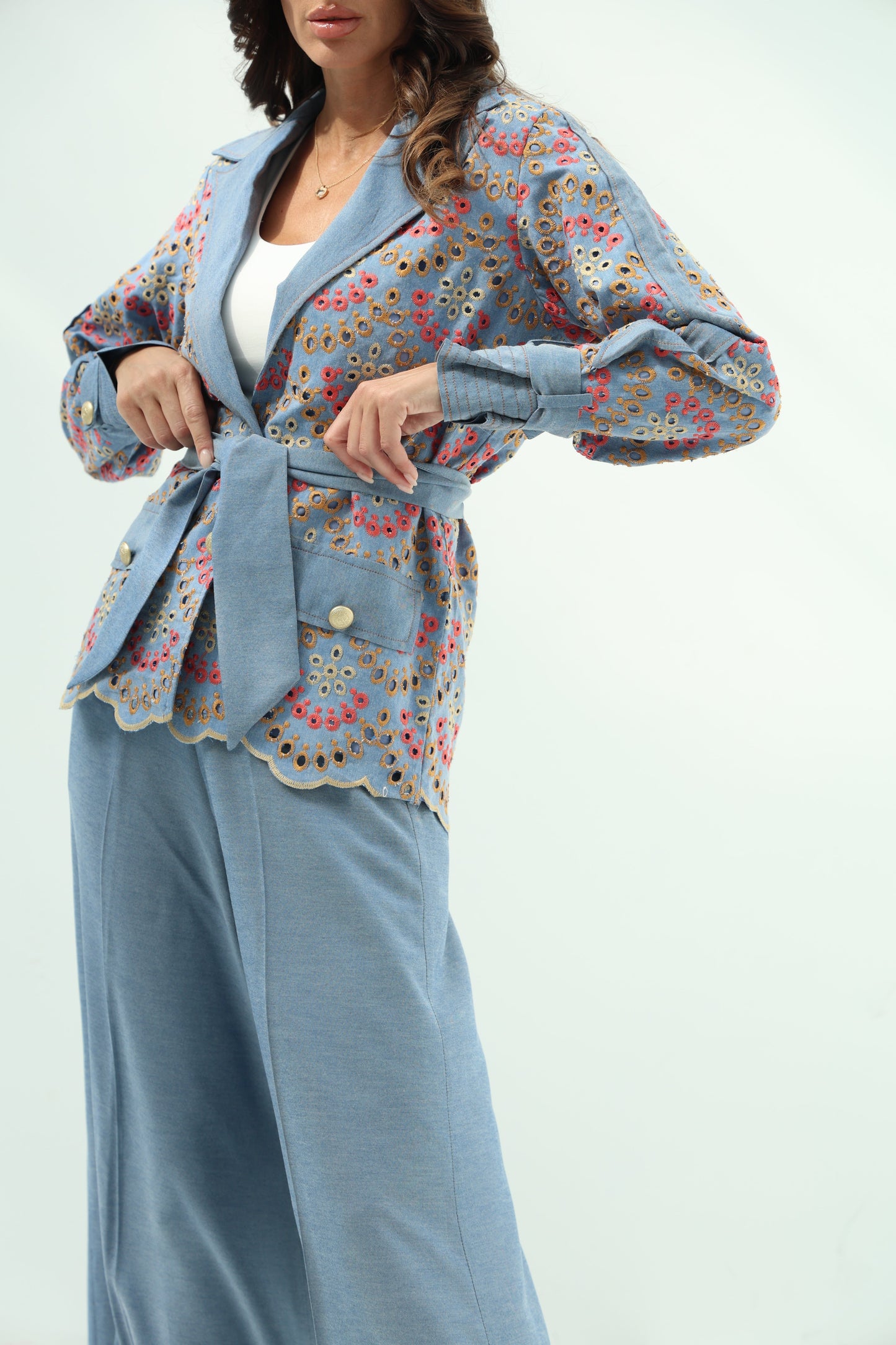 Light Blue Belted Light Denim Casual Wear