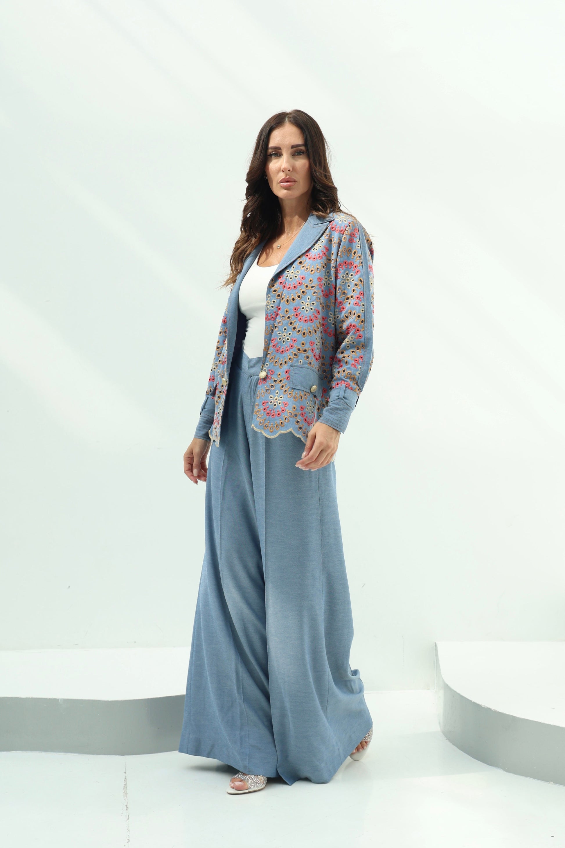 Jeans Jeans Embroidered Blazer Set – Light Blue Design featuring embroidered cotton-jeans jacket with gold buttons and wide p