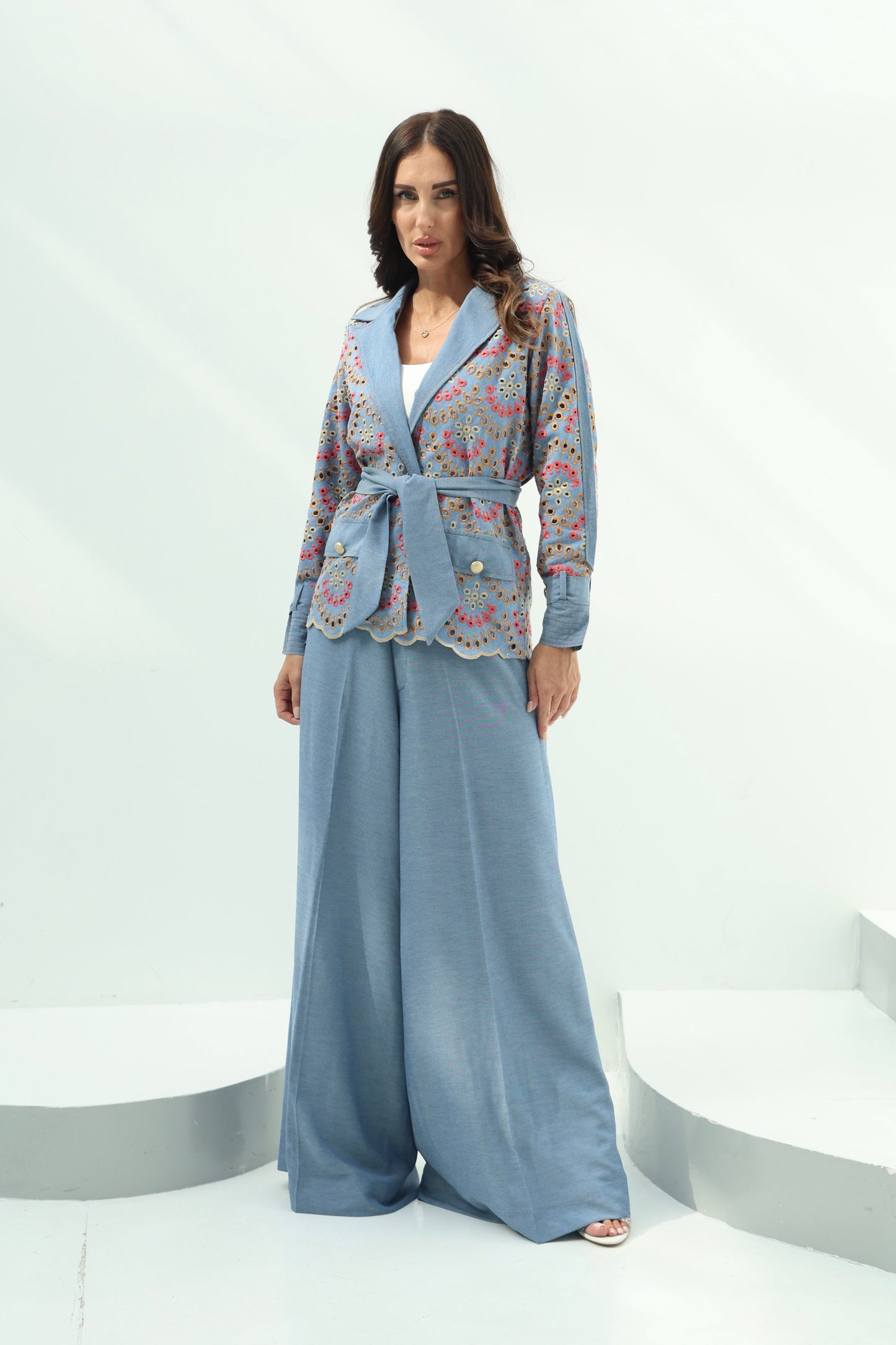 Light Blue Belted Light Denim Casual Wear